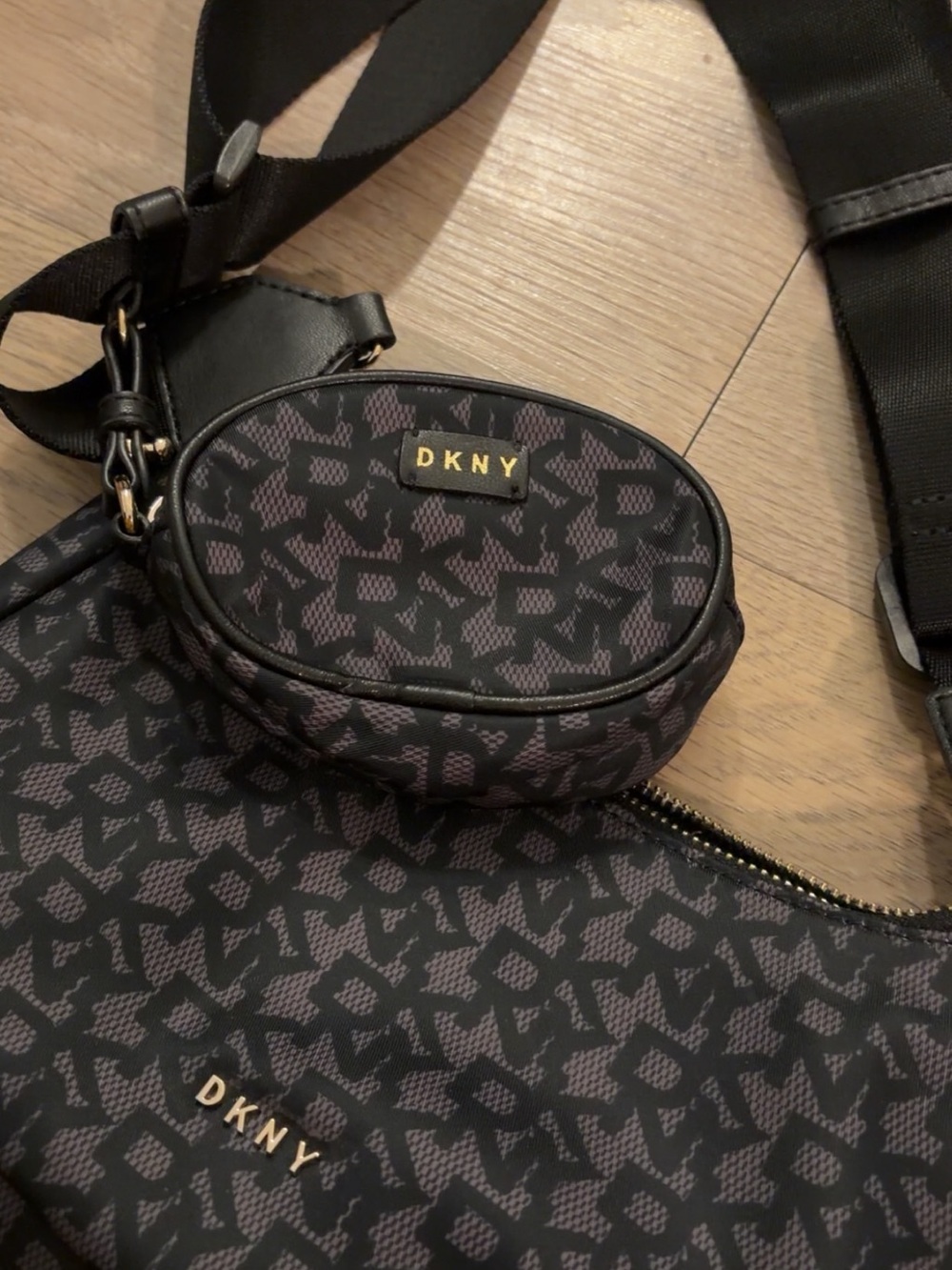 DKNY Black and Mauve Logo Crossbody with Coin Pouch